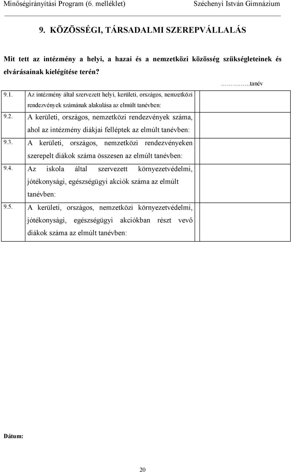 A kerületi, országos, nemzetközi rendezvények száma, ahol az intézmény diákjai felléptek az elmúlt tanévben: 9.3.