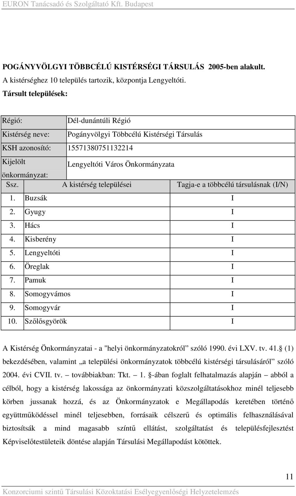 A kistérség települései Tagja-e a többcélú társulásnak (I/N) 1. Buzsák I 2. Gyugy I 3. Hács I 4. Kisberény I 5. Lengyeltóti I 6. Öreglak I 7. Pamuk I 8. Somogyvámos I 9. Somogyvár I 10.