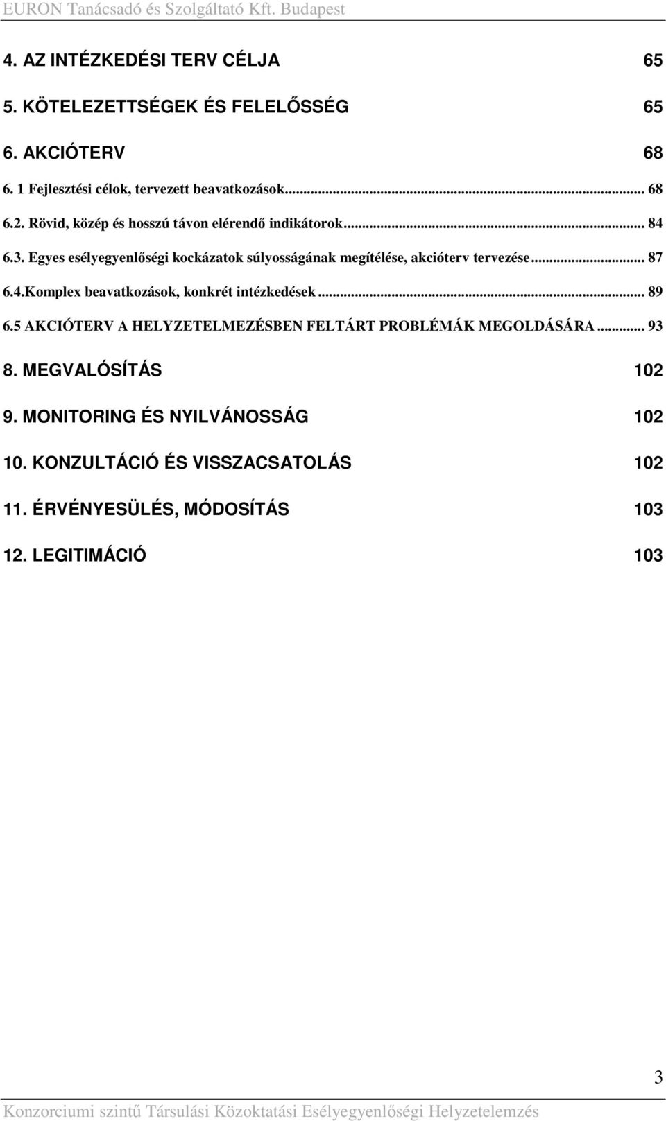 Egyes esélyegyenlıségi kockázatok súlyosságának megítélése, akcióterv tervezése... 87 6.4.Komplex beavatkozások, konkrét intézkedések... 89 6.