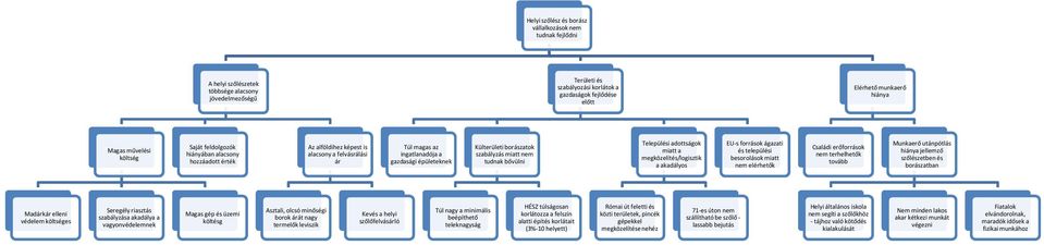 borászatok szabályzás miatt nem tudnak bővülni Települési adottságok miatt a megközelítés/logisztik a akadályos EU-s források ágazati és települési besorolások miatt nem elérhetők Családi erőforrások