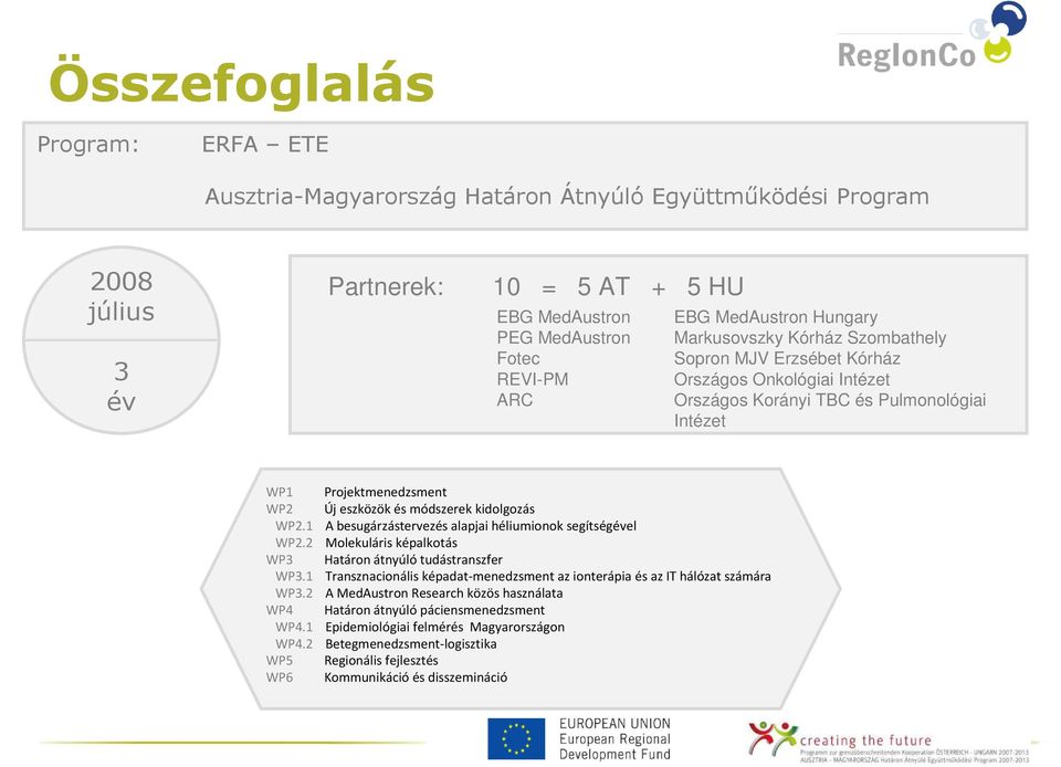 módszerek kidolgozás WP2.1 A besugárzástervezés alapjai héliumionok segítségével WP2.2 Molekuláris képalkotás WP3 Határon átnyúló tudástranszfer WP3.