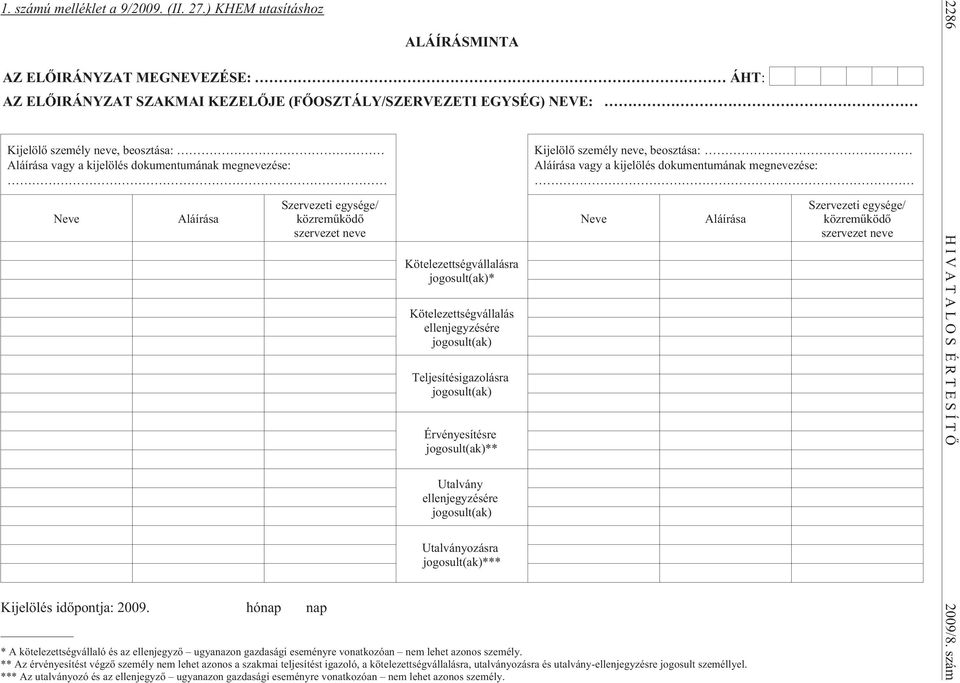 dokumentumának megnevezése: Neve Aláírása Kijelölés idõpontja: 2009.
