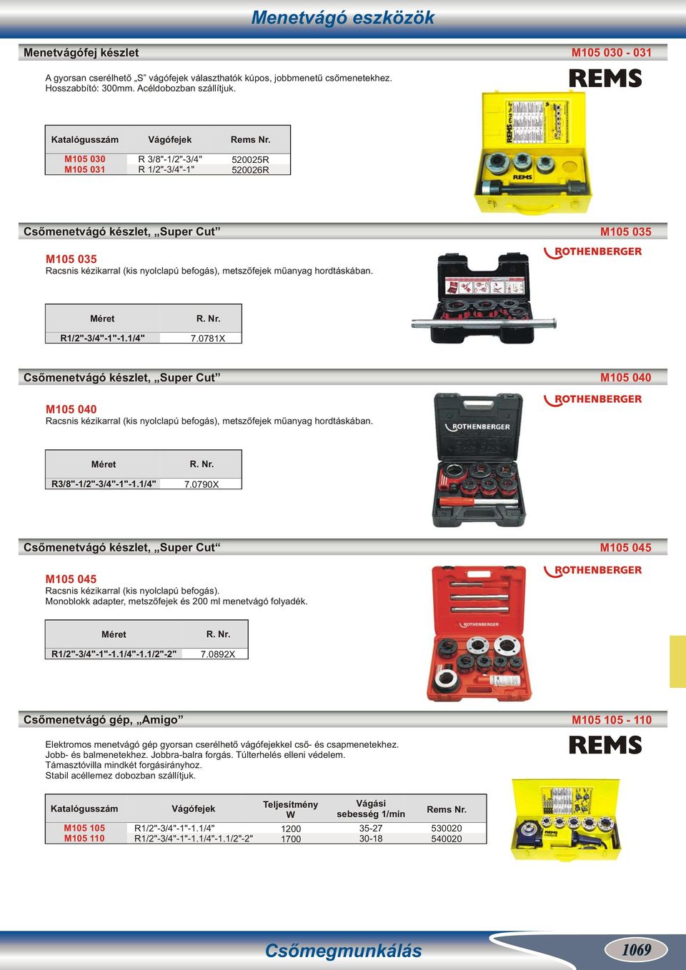 hordtáskában. R1/2"-3/4"-1"-1.1/4" 7.0781X Csőmenetvágó készlet, Super Cut M105 040 M105 040 Racsnis kézikarral (kis nyolclapú befogás), metszőfejek műanyag hordtáskában. R3/8"-1/2"-3/4"-1"-1.1/4" 7.0790X Csőmenetvágó készlet, Super Cut M105 045 M105 045 Racsnis kézikarral (kis nyolclapú befogás).