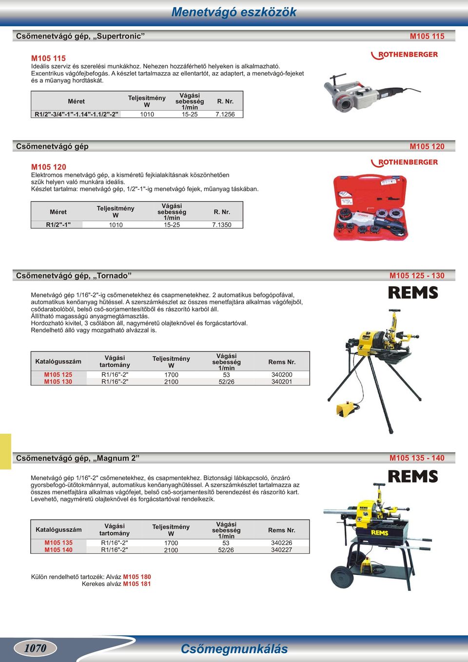 1256 Csőmenetvágó gép M105 120 M105 120 Elektromos menetvágó gép, a kisméretű fejkialakításnak köszönhetően szűk helyen való munkára ideális.