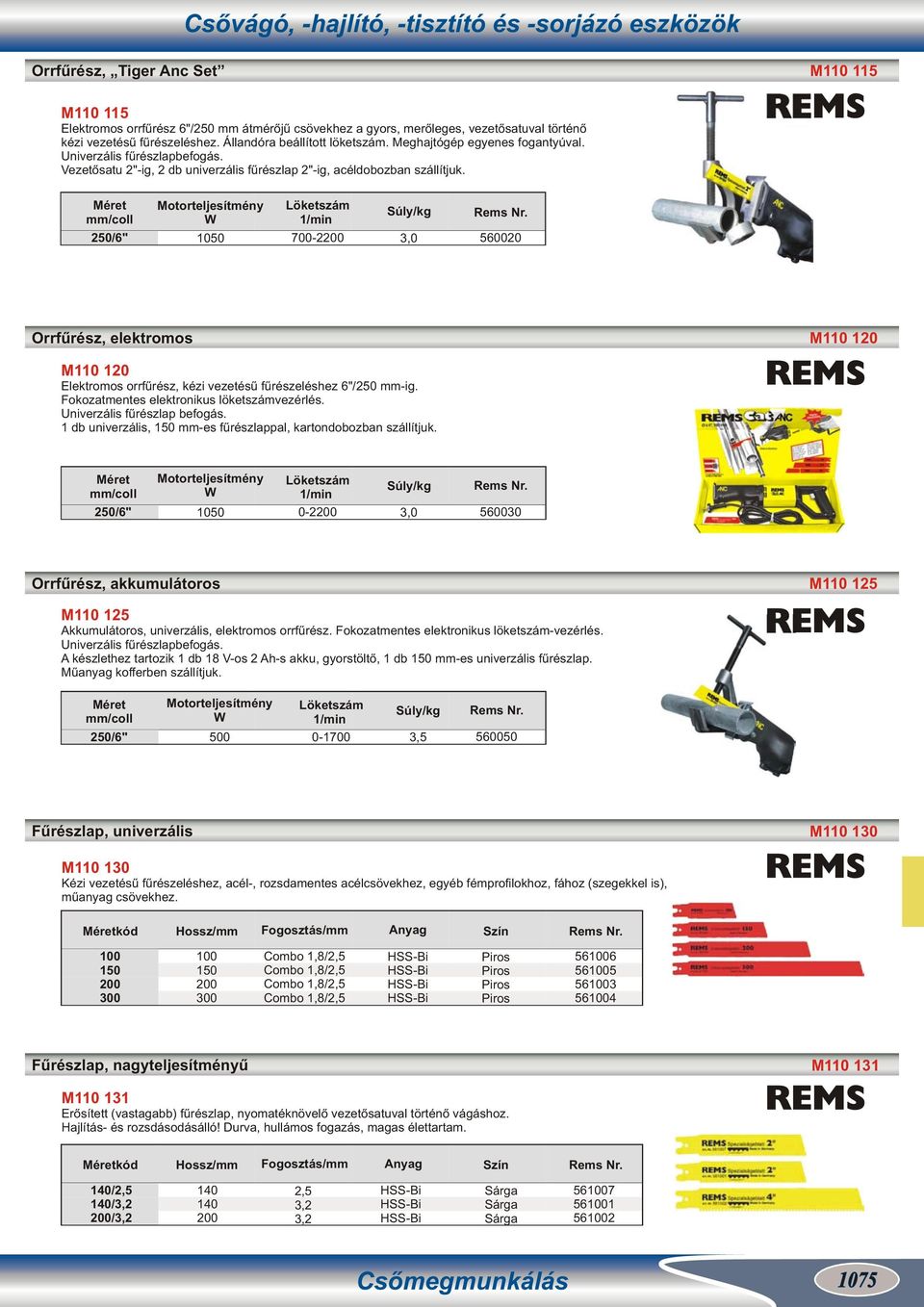 Motorteljesítmény Löketszám Súly/kg 250/6" 1050 700-2200 3,0 560020 Orrfűrész, elektromos M110 120 M110 120 Elektromos orrfűrész, kézi vezetésű fűrészeléshez 6"/250 -ig.