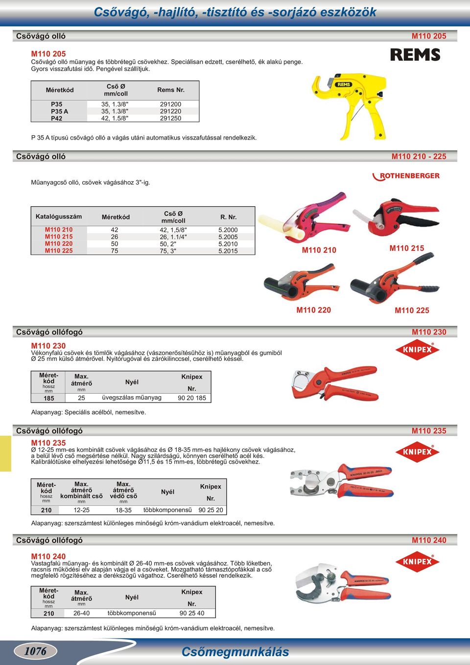 M110 210 M110 215 M110 220 M110 225 kód 42 26 50 75 Cső Ø 42, 1,5/8" 26, 1.1/4" 50, 2" 75, 3" 5.2000 5.2005 5.2010 5.