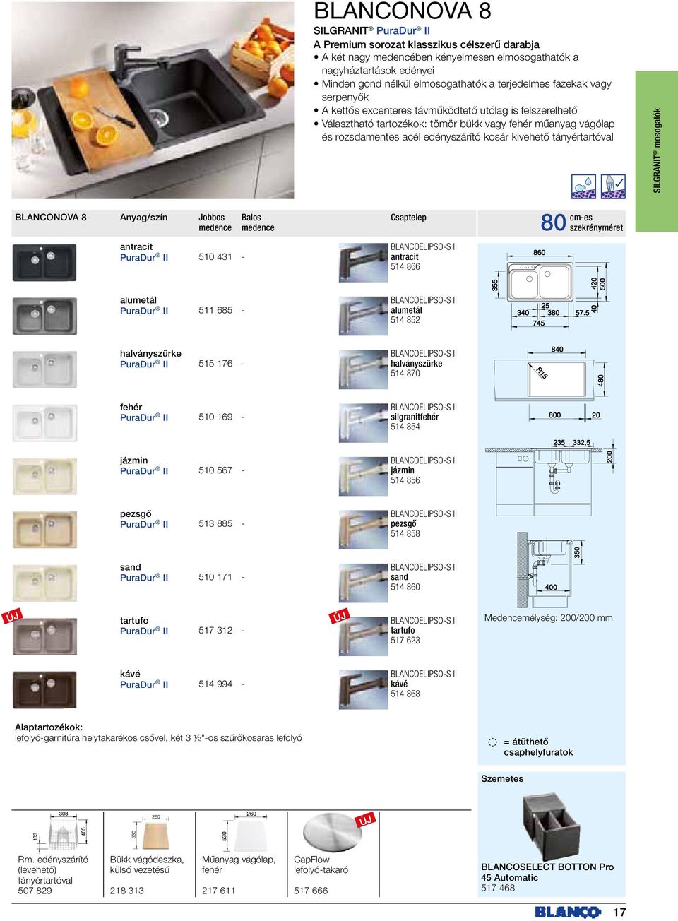 SILGRANIT mosogatók BLANCONOVA 8 Anyag/szín Jobbos Balos antracit BLANCOELIPSO-S II PuraDur II 510 431 - antracit 514 866 80 szekrényméret alumetál BLANCOELIPSO-S II PuraDur II 511 685 - alumetál 514