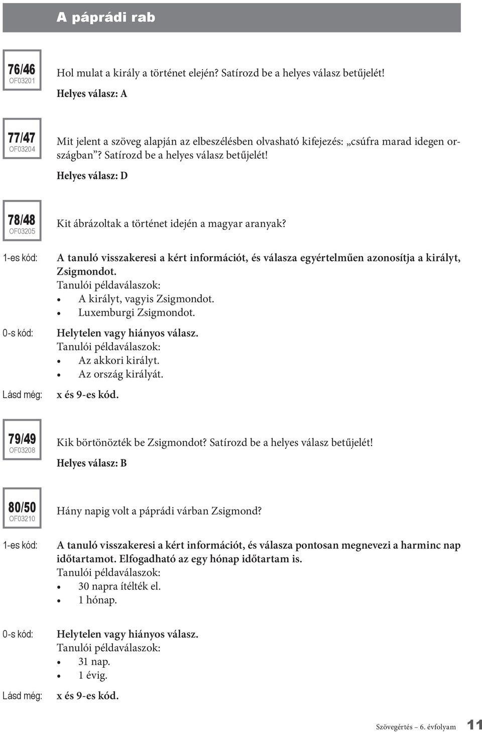 Helyes válasz: D 78/48 OF03205 Kit ábrázoltak a történet idején a magyar aranyak? A tanuló visszakeresi a kért információt, és válasza egyértelműen azonosítja a királyt, Zsigmondot.