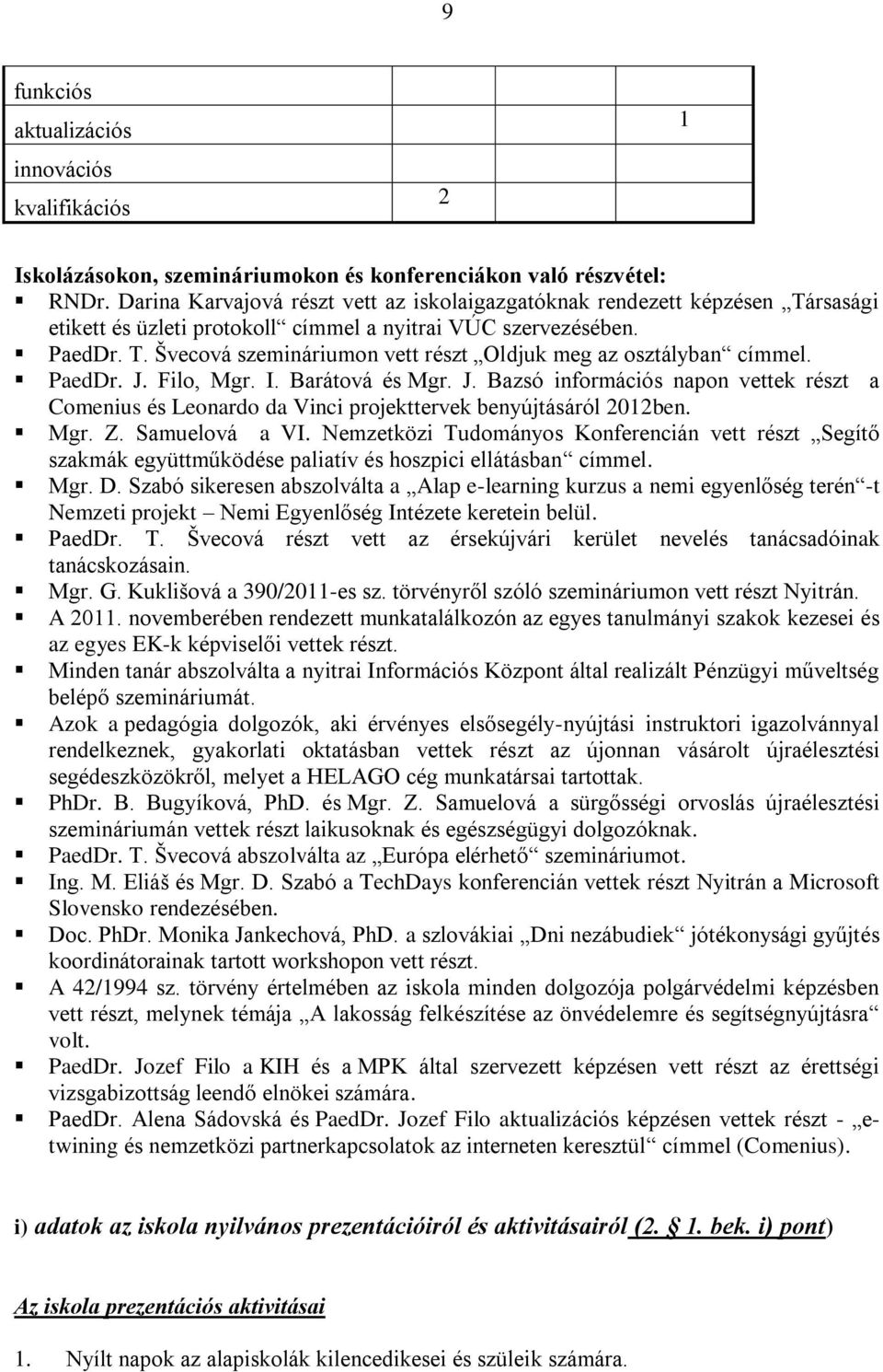 PaedDr. J. Filo, Mgr. I. Barátová és Mgr. J. Bazsó információs napon vettek részt a Comenius és Leonardo da Vinci projekttervek benyújtásáról 2012ben. Mgr. Z. Samuelová a VI.