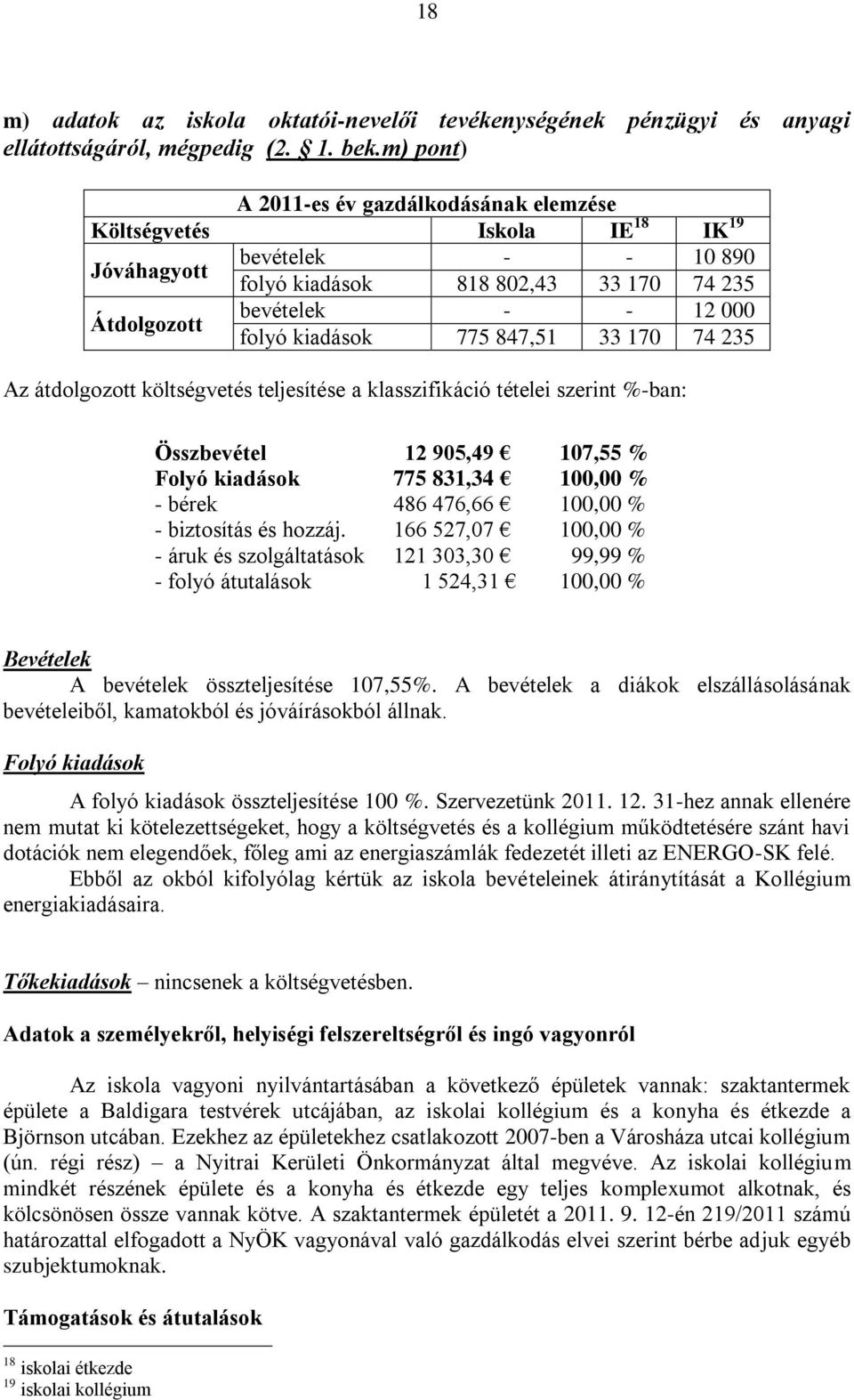 775 847,51 33 170 74 235 Az átdolgozott költségvetés teljesítése a klasszifikáció tételei szerint %-ban: Összbevétel 12 905,49 107,55 % Folyó kiadások 775 831,34 100,00 % - bérek 486 476,66 100,00 %