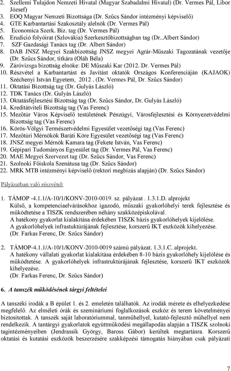 SZF Gazdasági Tanács tag (Dr. Albert Sándor) 8. DAB JNSZ Megyei Szakbizottság JNSZ megyei Agrár-Műszaki Tagozatának vezetője (Dr. Szűcs Sándor, titkára (Oláh Béla) 9.