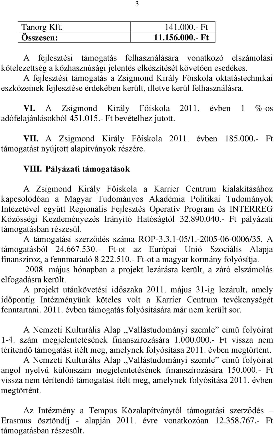 évben 1 %-os adófelajánlásokból 451.015.- Ft bevételhez jutott. VII. A Zsigmond Király Főiskola 2011. évben 185.000.- Ft támogatást nyújtott alapítványok részére. VIII.