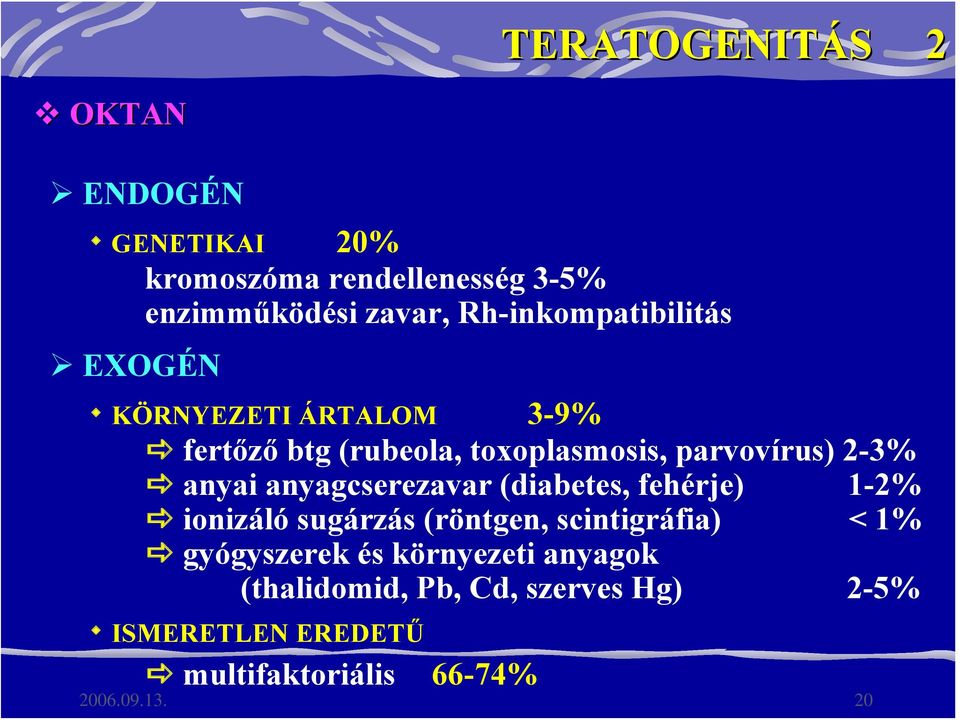 anyai anyagcserezavar (diabetes, fehérje) 1-2% ionizáló sugárzás (röntgen, scintigráfia) < 1% gyógyszerek
