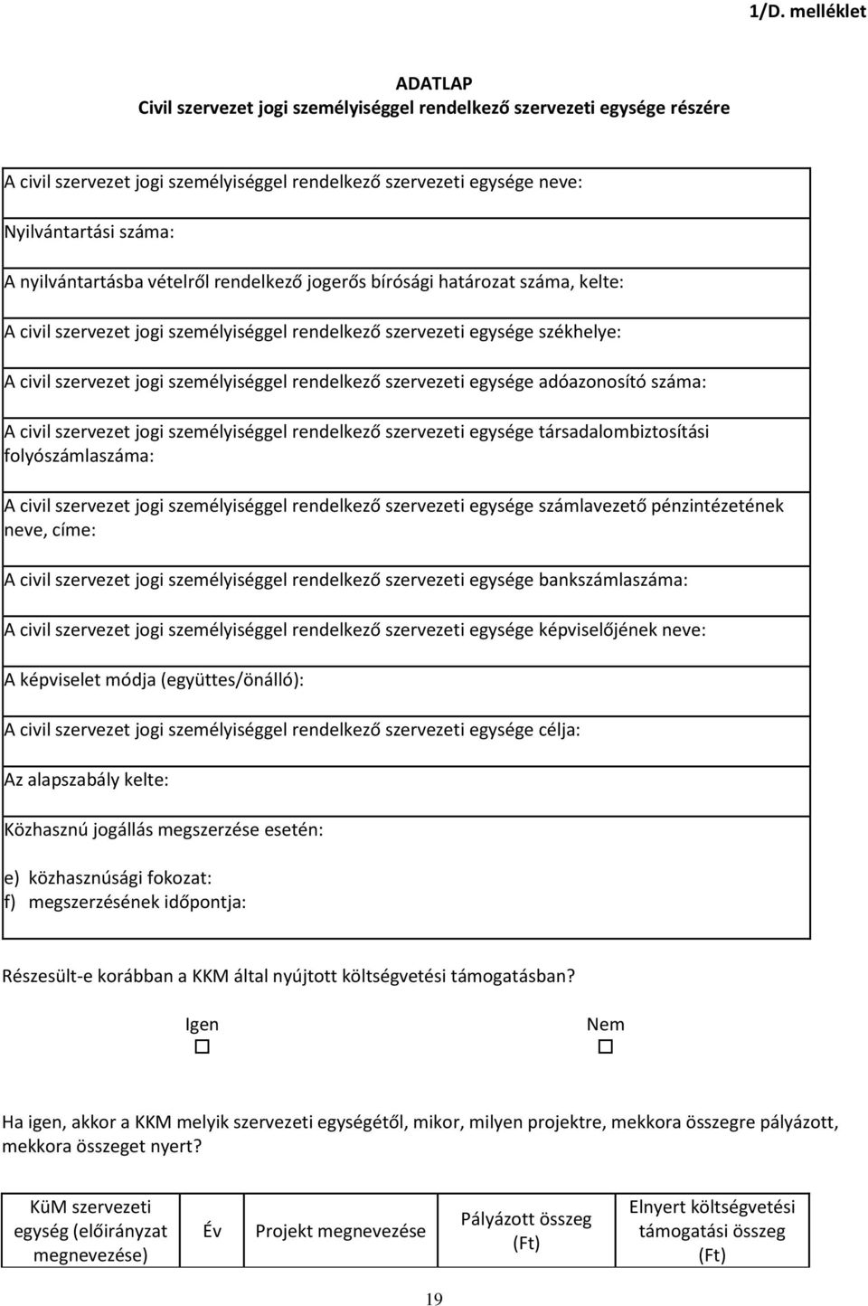 rendelkező szervezeti egysége adóazonosító száma: A civil szervezet jogi személyiséggel rendelkező szervezeti egysége társadalombiztosítási folyószámlaszáma: A civil szervezet jogi személyiséggel