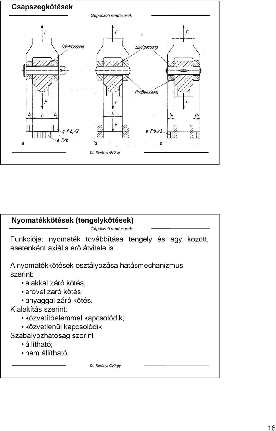 A nyomatékkötések osztályozása hatásmechanizmus szerint: alakkal záró kötés; erővel záró kötés;