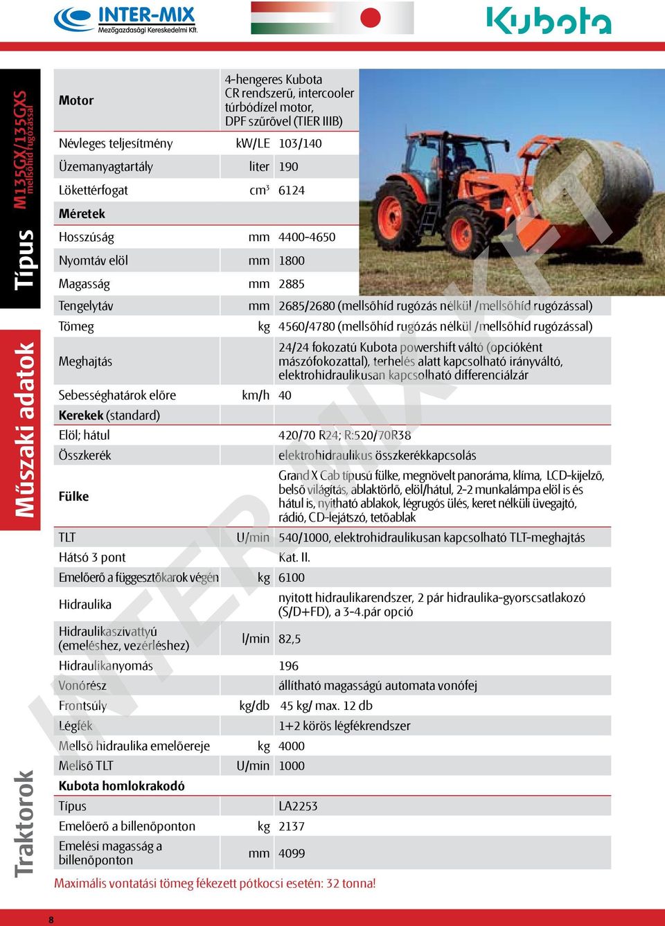 4560/4780 (mellsőhíd rugózás nélkül /mellsőhíd rugózással) 24/24 fokozatú Kubota powershift váltó (opcióként mászófokozattal), terhelés alatt kapcsolható irányváltó, elektrohidraulikusan kapcsolható