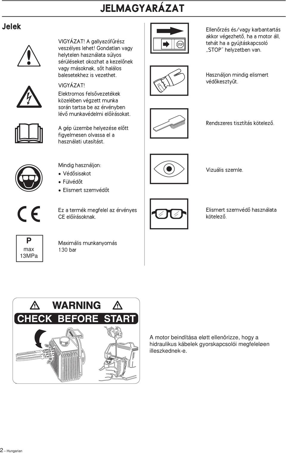 JELMAGYARÁZAT EllenŒrzés és/vagy karbantartás akkor végezhetœ, ha a motor áll, tehát ha a gyújtáskapcsoló STOP helyzetben van. Használjon mindig elismert védœkesztyıt. Rendszeres tisztítás kötelezœ.