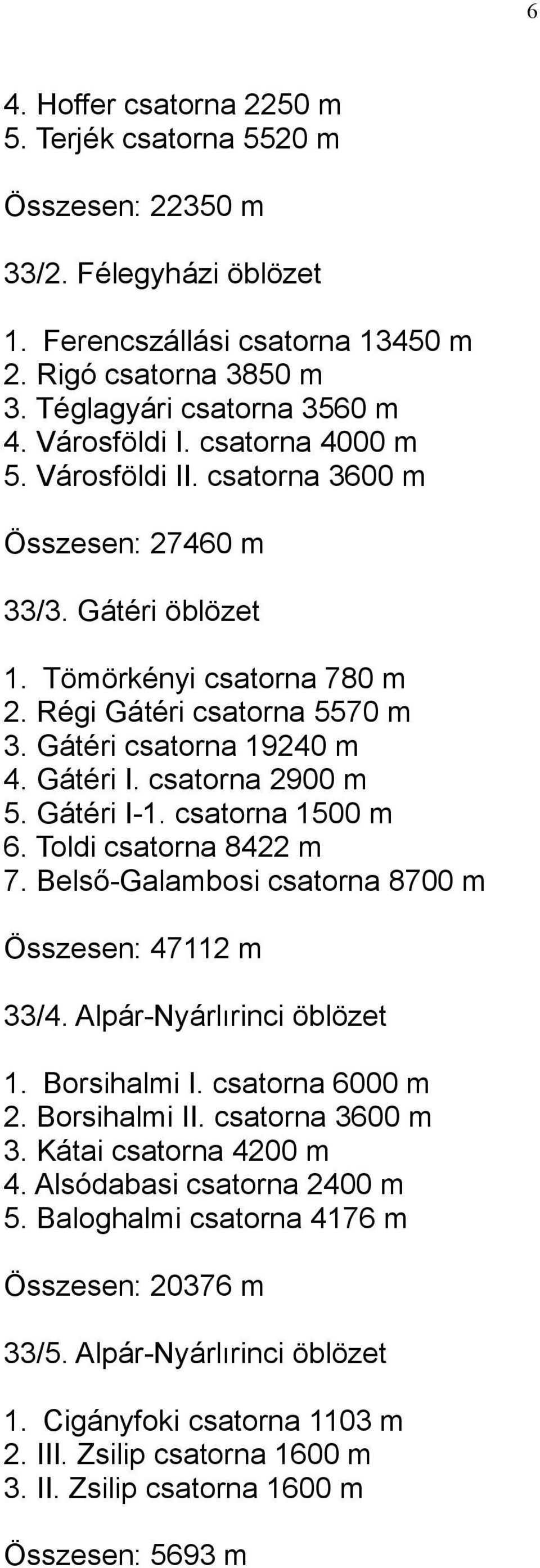 Gátéri I. csatorna 2900 m 5. Gátéri I-1. csatorna 1500 m 6. Toldi csatorna 8422 m 7. Belső-Galambosi csatorna 8700 m Összesen: 47112 m 33/4. Alpár-Nyárlırinci öblözet 1. Borsihalmi I.