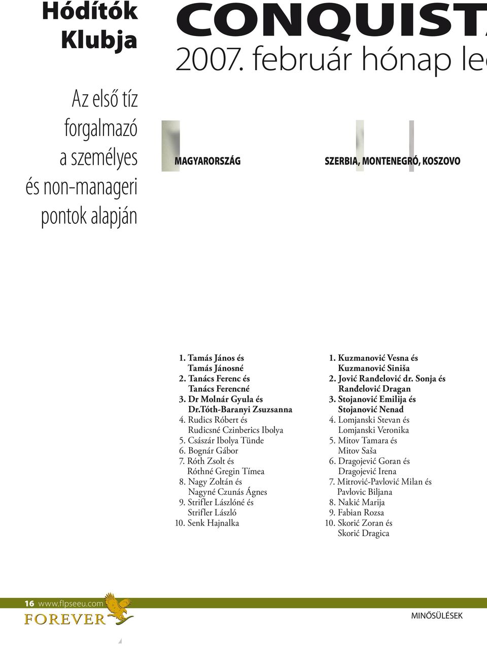 Róth Zsolt és Róthné Gregin Tímea 8. Nagy Zoltán és Nagyné Czunás Ágnes 9. Strifler Lászlóné és Strifler László 10. Senk Hajnalka 1. Kuzmanović Vesna és Kuzmanović Siniša 2. Jović Ranđelović dr.