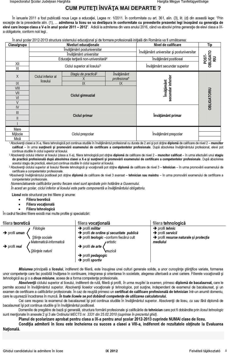 .. admiterea la liceu se va desfăşura în conformitate cu prevederile prezentei legi începând cu generaţia de elevi care începe clasa a V-a în anul şcolar 2011 2012.