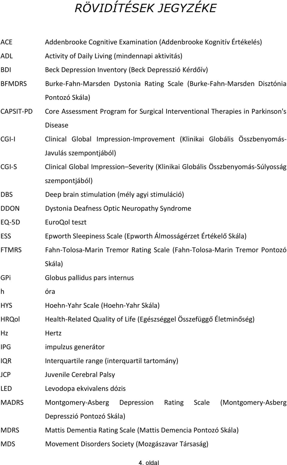 Clinical Global Impression-Improvement (Klinikai Globális Összbenyomás- Javulás szempontjából) CGI-S Clinical Global Impression Severity (Klinikai Globális Összbenyomás-Súlyosság szempontjából) DBS
