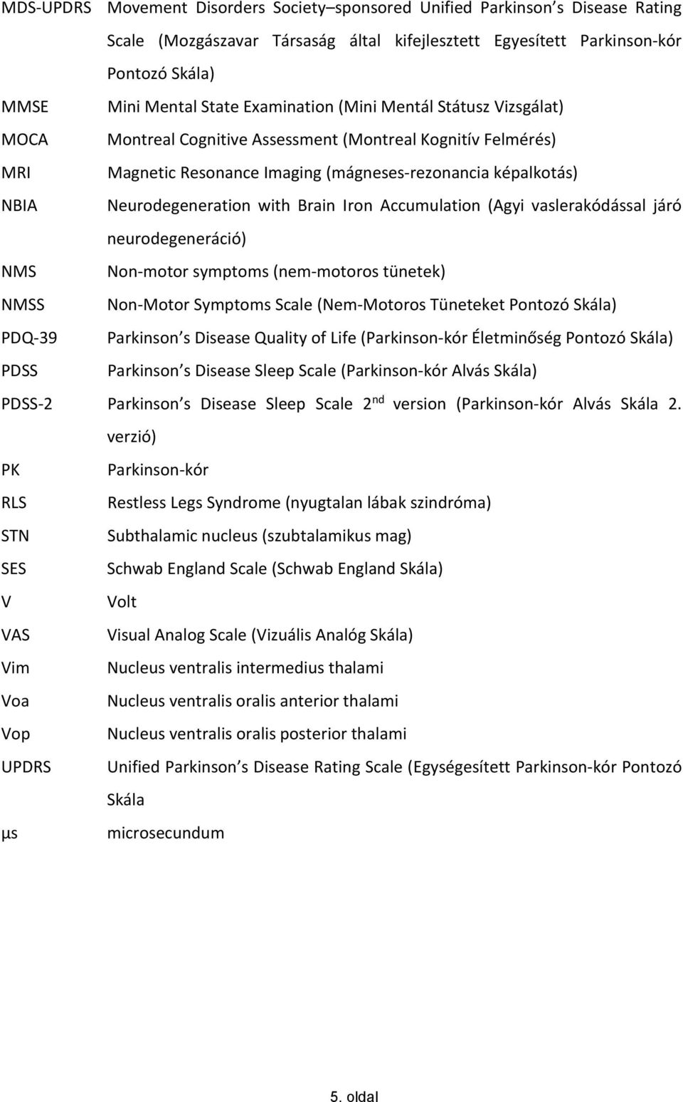 Brain Iron Accumulation (Agyi vaslerakódással járó neurodegeneráció) NMS Non-motor symptoms (nem-motoros tünetek) NMSS Non-Motor Symptoms Scale (Nem-Motoros Tüneteket Pontozó Skála) PDQ-39 Parkinson