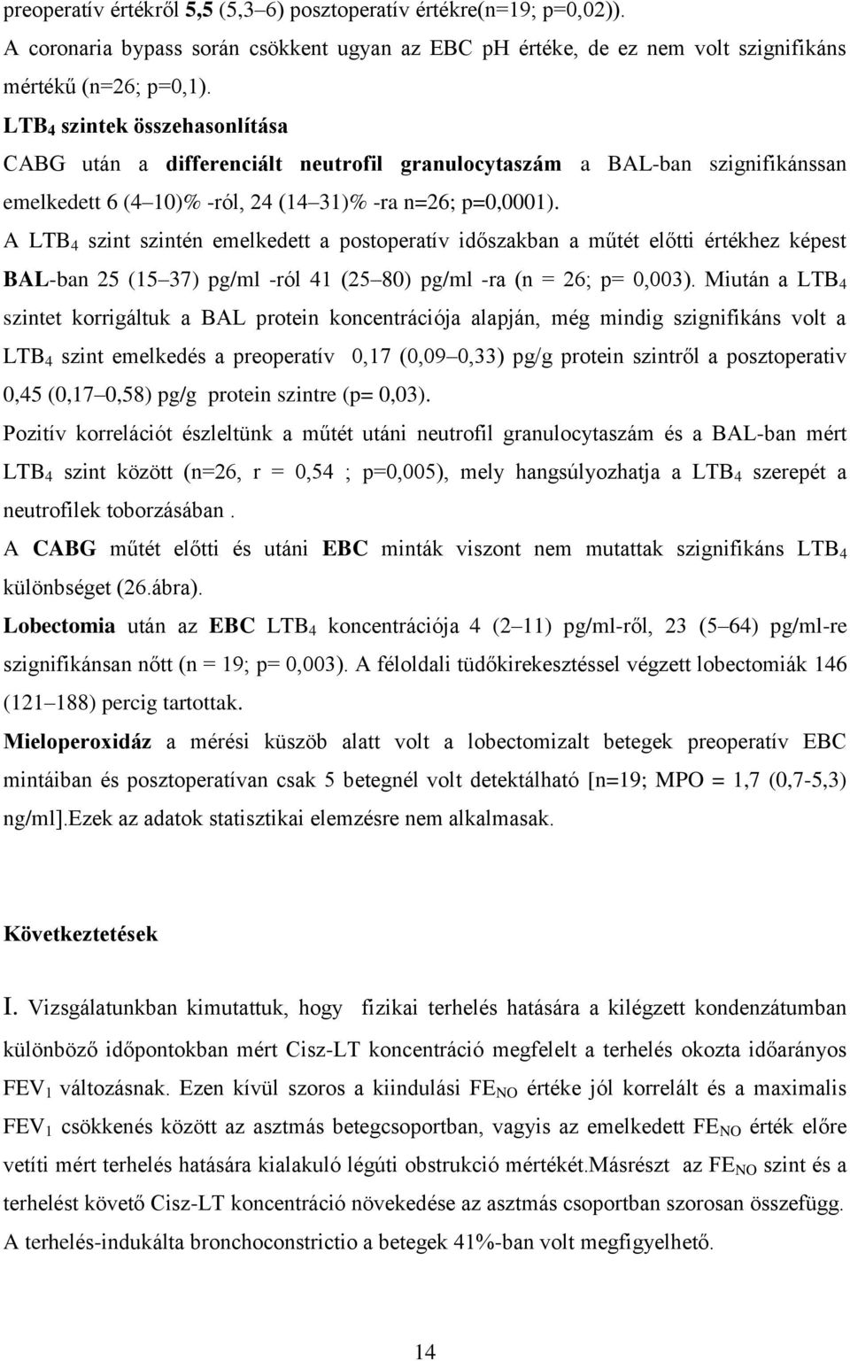 A LTB 4 szint szintén emelkedett a postoperatív időszakban a műtét előtti értékhez képest BAL-ban 25 (15 37) pg/ml -ról 41 (25 80) pg/ml -ra (n = 26; p= 0,003).