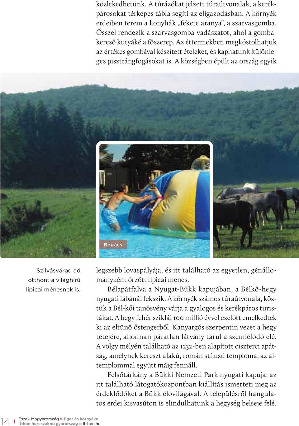 A községben épült az ország egyik Bogács Szilvásvárad ad otthont a világhírű lipicai ménesnek is. legszebb lovaspályája, és itt található az egyetlen, génállományként őrzött lipicai ménes.