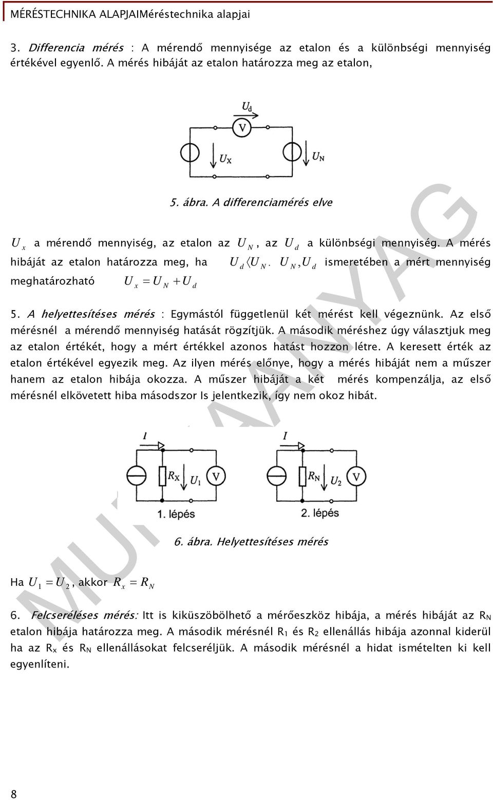 A mérés hibáját az etalon határozza meg, ha U d U N. U N, U d ismeretében a mért mennyiség meghatározható U U U x N d 5. A helyettesítéses mérés : Egymástól függetlenül két mérést kell végeznünk.
