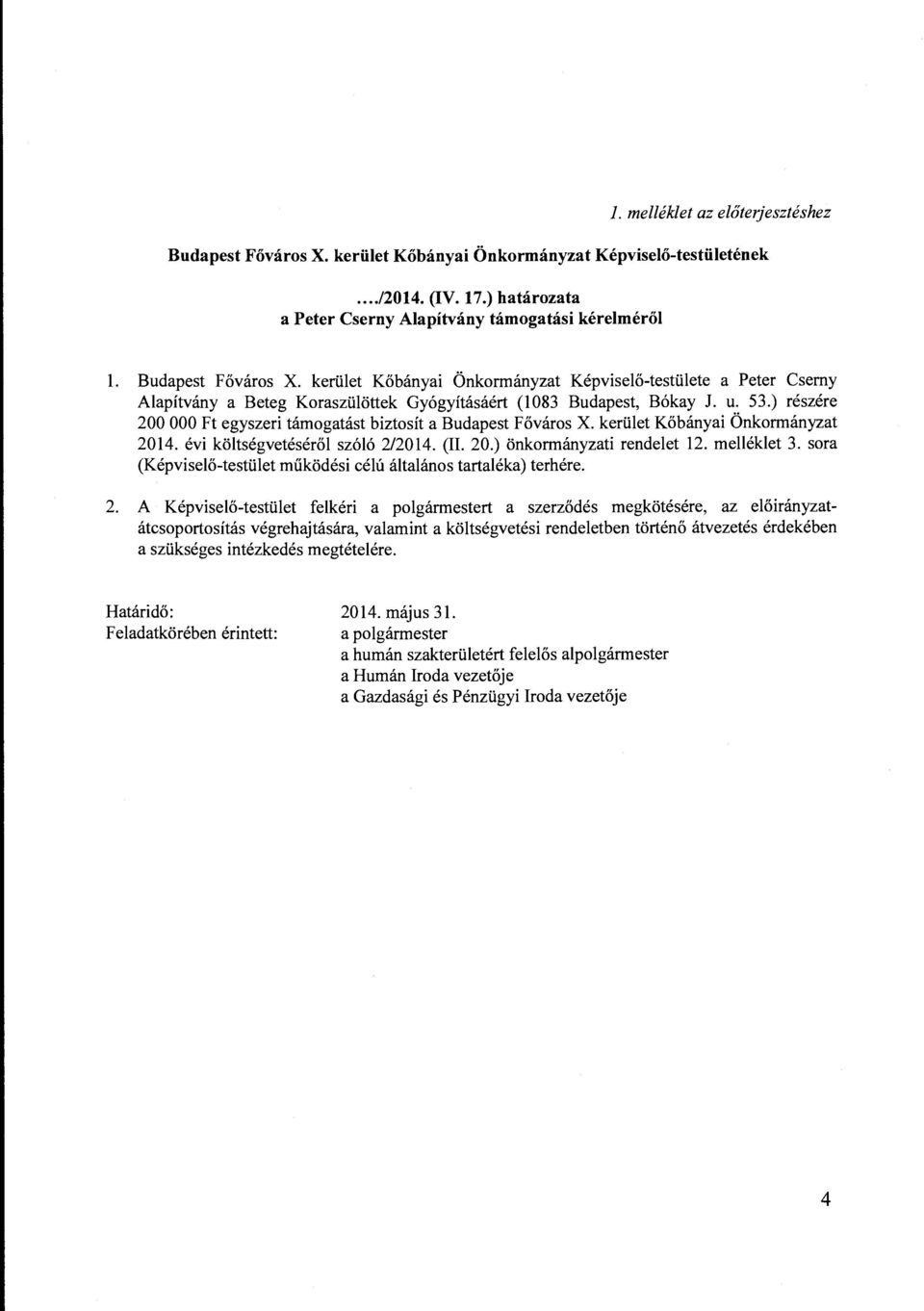 ) részére 200 OOO Ft egyszeri támogatást biztosít a Budapest Főváros X. kerület Kőbányai Önkormányzat 2014. évi költségvetéséről szóló 2/2014. (II. 20.) önkormányzati rendelet 12. melléklet 3.