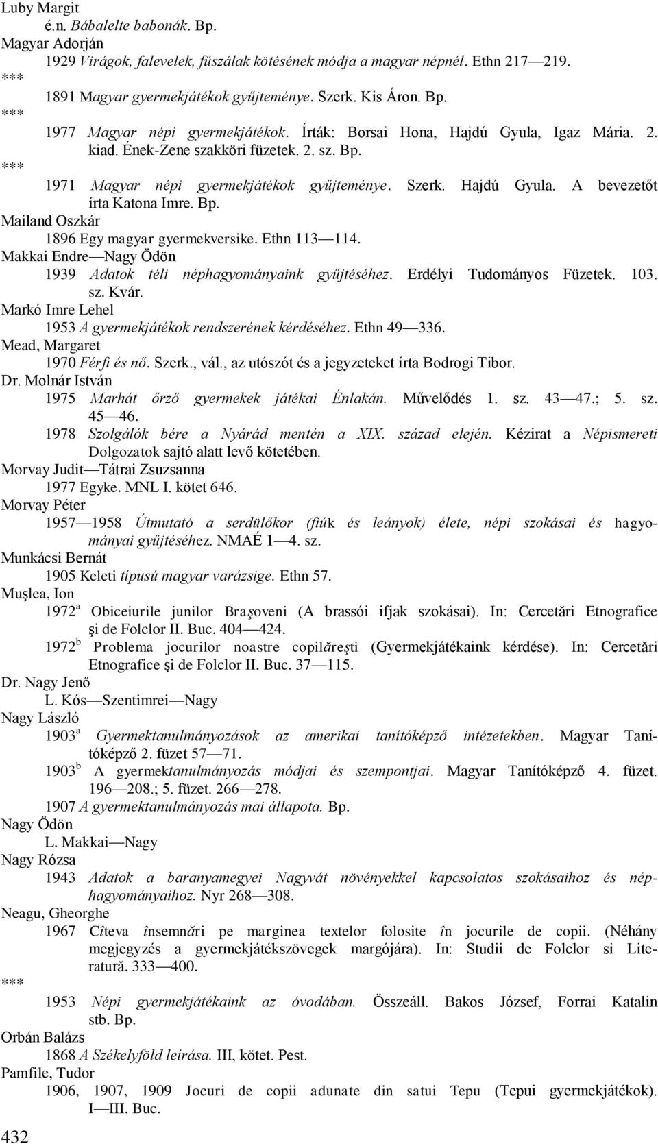 Ethn 113 114. Makkai Endre Nagy Ödön 1939 Adatok téli néphagyományaink gyűjtéséhez. Erdélyi Tudományos Füzetek. 103. sz. Kvár. Markó Imre Lehel 1953 A gyermekjátékok rendszerének kérdéséhez.