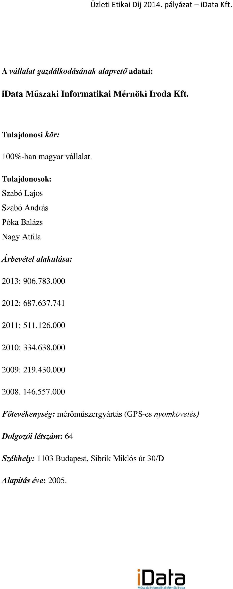 Tulajdonosok: Szabó Lajos Szabó András Póka Balázs Nagy Attila Árbevétel alakulása: 2013: 906.783.000 2012: 687.637.