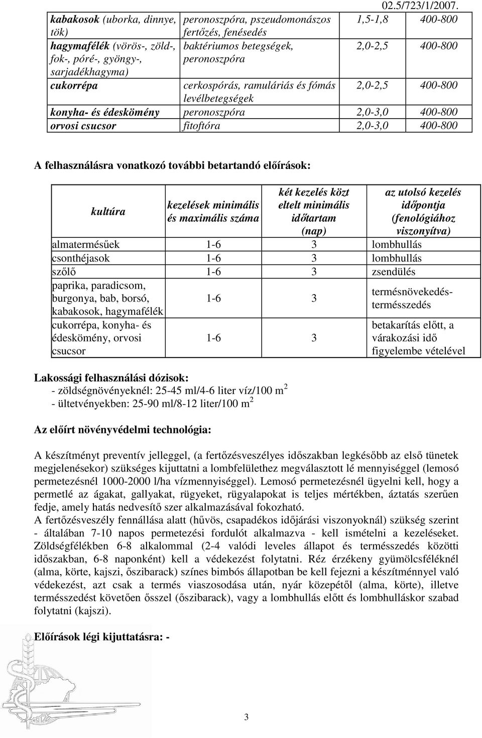 felhasználásra vonatkozó további betartandó elıírások: kultúra kezelések minimális és maximális száma két kezelés közt eltelt minimális idıtartam (nap) az utolsó kezelés idıpontja (fenológiához