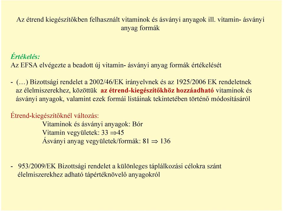 1925/2006 EK rendeletnek az élelmiszerekhez, közöttük az étrend-kiegészítıkhöz hozzáadható vitaminok és ásványi anyagok, valamint ezek formái listáinak tekintetében