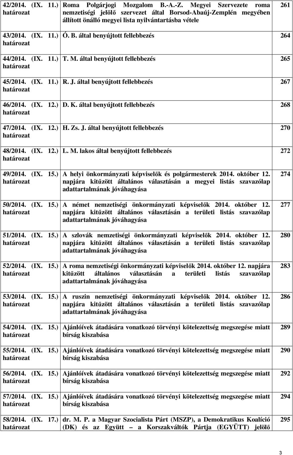 (IX. 11.) határozat 46/2014. (IX. 12.) határozat 47/2014. (IX. 12.) határozat 48/2014. (IX. 12.) határozat Ó. B. által benyújtott fellebbezés 264 T. M. által benyújtott fellebbezés 265 R. J.