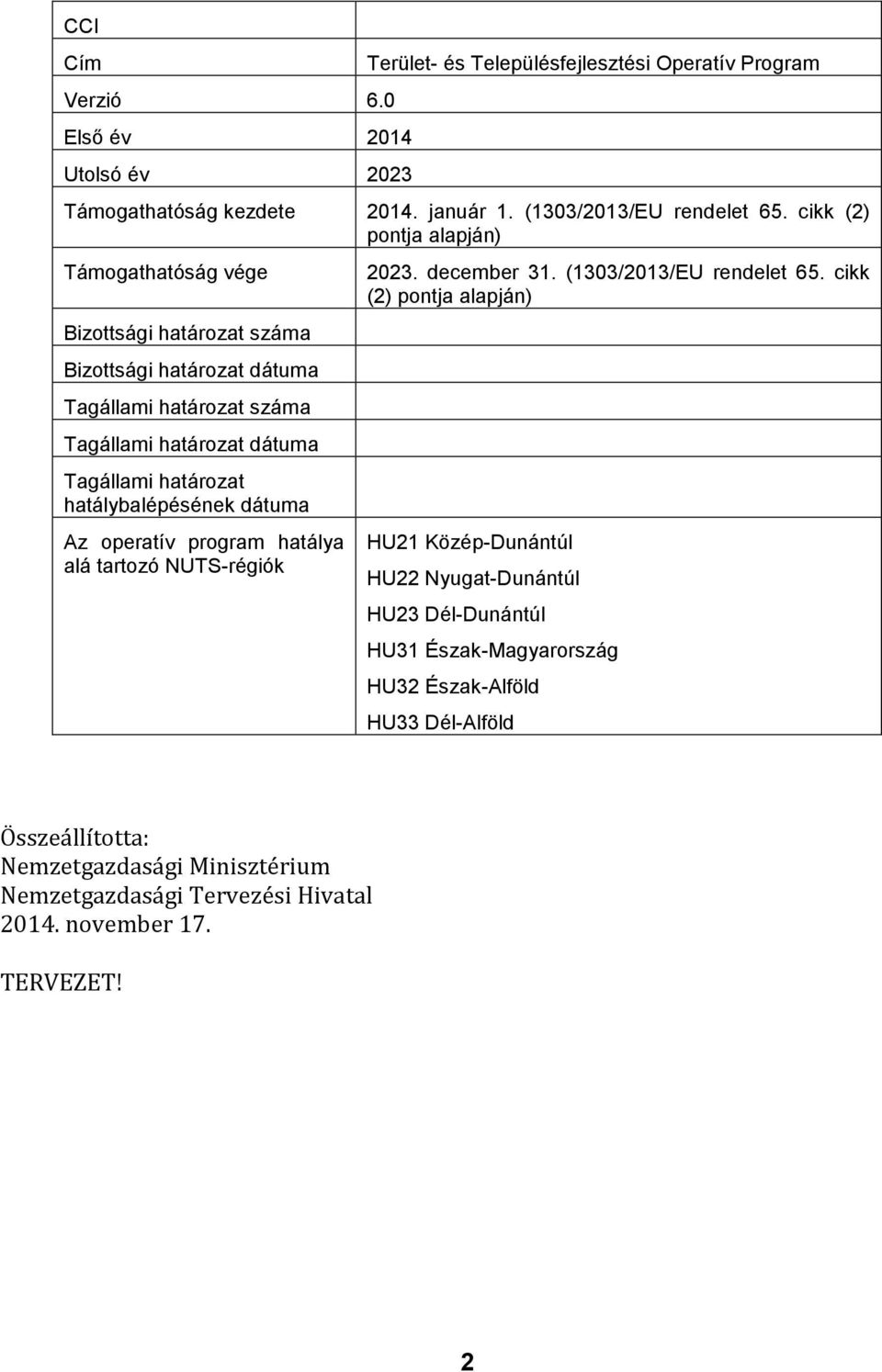 hatálybalépésének dátuma Az operatív program hatálya alá tartozó NUTS-régiók 2023. december 31. (1303/2013/EU rendelet 65.