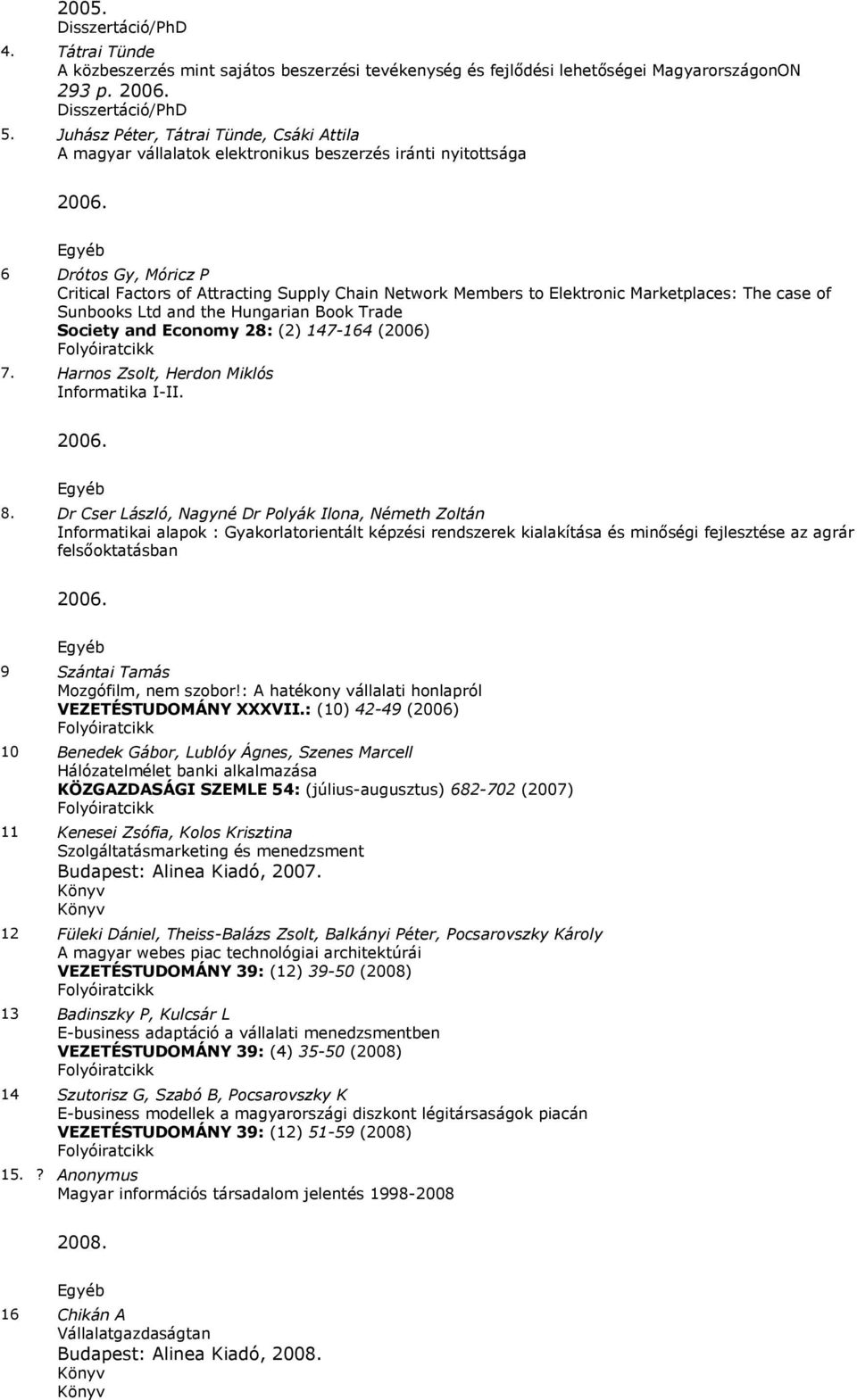 6 Drótos Gy, Móricz P Critical Factors of Attracting Supply Chain Network Members to Elektronic Marketplaces: The case of Sunbooks Ltd and the Hungarian Book Trade Society and Economy 28: (2) 147-164