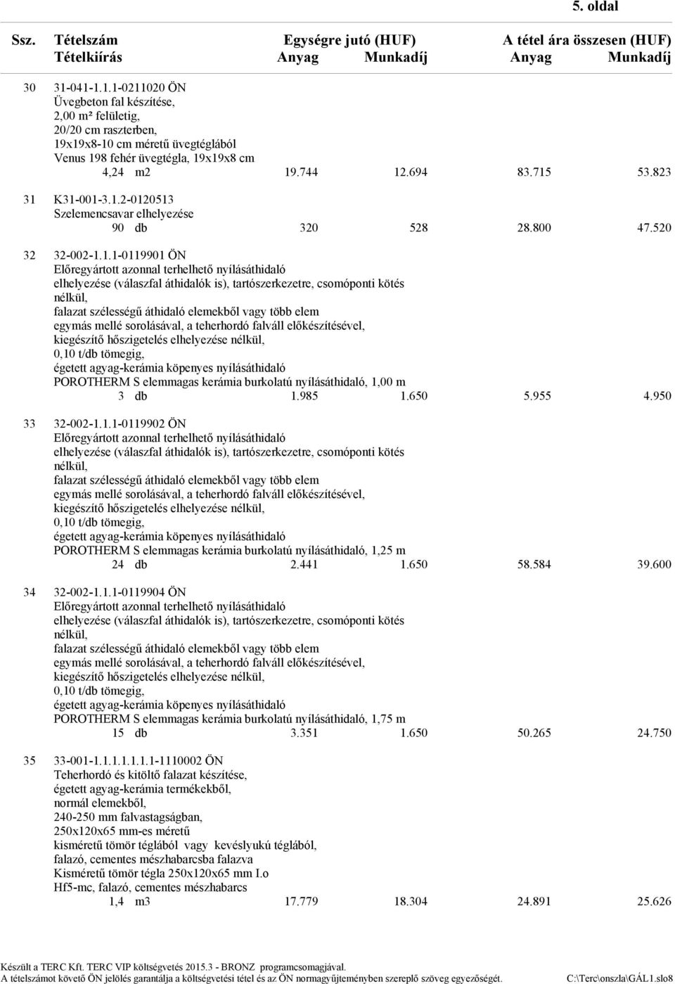 K31-1-3.1.2-12513 Szelemencsavar elhelyezése 9 db 32 528 28.8 47.52 32 32-2-1.1.1-11991 ÖN Előregyártott azonnal terhelhető nyílásáthidaló elhelyezése (válaszfal áthidalók is), tartószerkezetre,