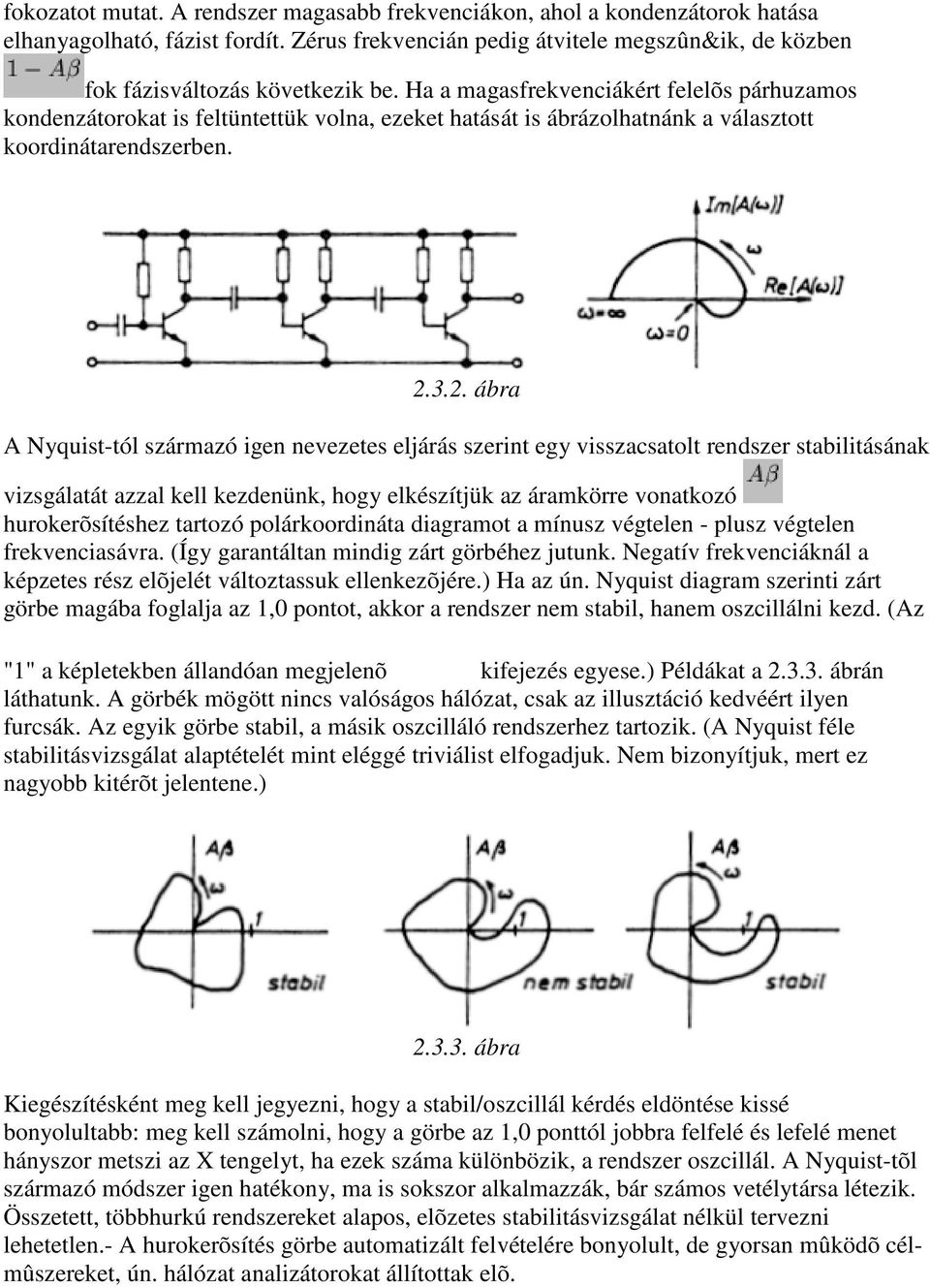 3.2. ábra A Nyquist-tól származó igen nevezetes eljárás szerint egy visszacsatolt rendszer stabilitásának vizsgálatát azzal kell kezdenünk, hogy elkészítjük az áramkörre vonatkozó hurokerõsítéshez