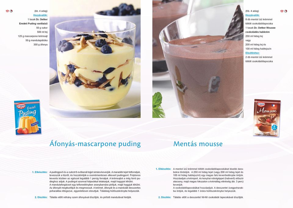 csokoládélapocska Áfonyás-mascarpone puding Mentás mousse A pudingport és a cukrot 6 evőkanál tejjel simára keverjük.