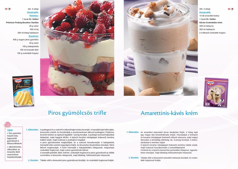 4 adag) 14 db amarettini keksz Kávés-Csokoládés krém 300 ml hideg tej 200 ml habtejszín 2 evőkanál csokoládé forgács Piros gyümölcsös trifle Amarettinis-kávés krém TIPP friss gyümölcs helyett