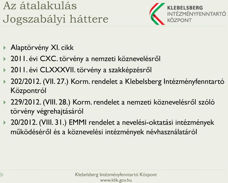 rendelet a Klebelsberg Intézményfenntartó Központról } 229/2012. (VIII. 28.) Korm.