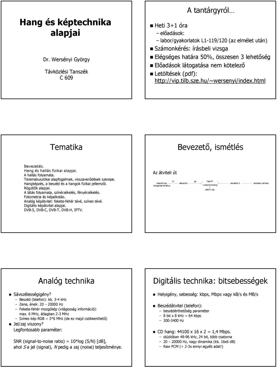 Előadások látogatása nem kötelező Letöltések (pdf): http://vip.tilb.sze.hu/~wersenyi/index.html Tematika Bevezető, ismétlés Bevezetés. Hang és hallás fizikai alapjai. A hallás folyamata.