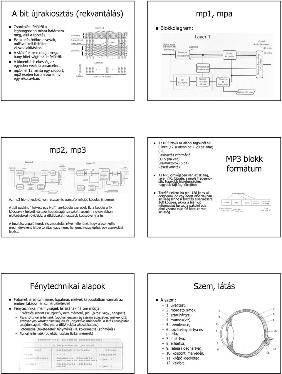 Blokkdiagram: mp2, mp3 Az mp3 hibrid kódoló: van részsáv és transzformációs kódolás is benne. A bit packing helyett egy Huffman-kódoló szerepel.