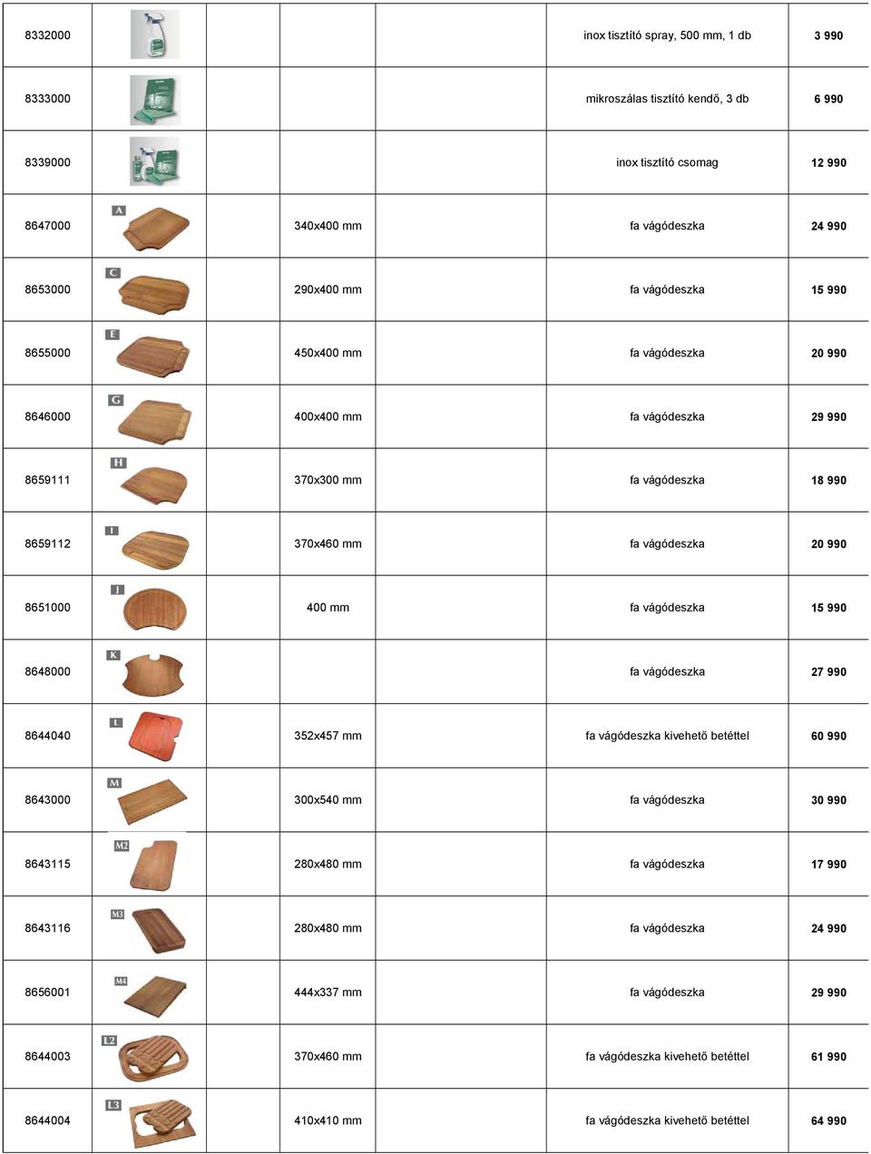 fa vágódeszka 15 990 8648000 fa vágódeszka 27 990 8644040 352x457 mm fa vágódeszka kivehető betéttel 60 990 8643000 300x540 mm fa vágódeszka 30 990 8643115 280x480 mm fa vágódeszka 17 990