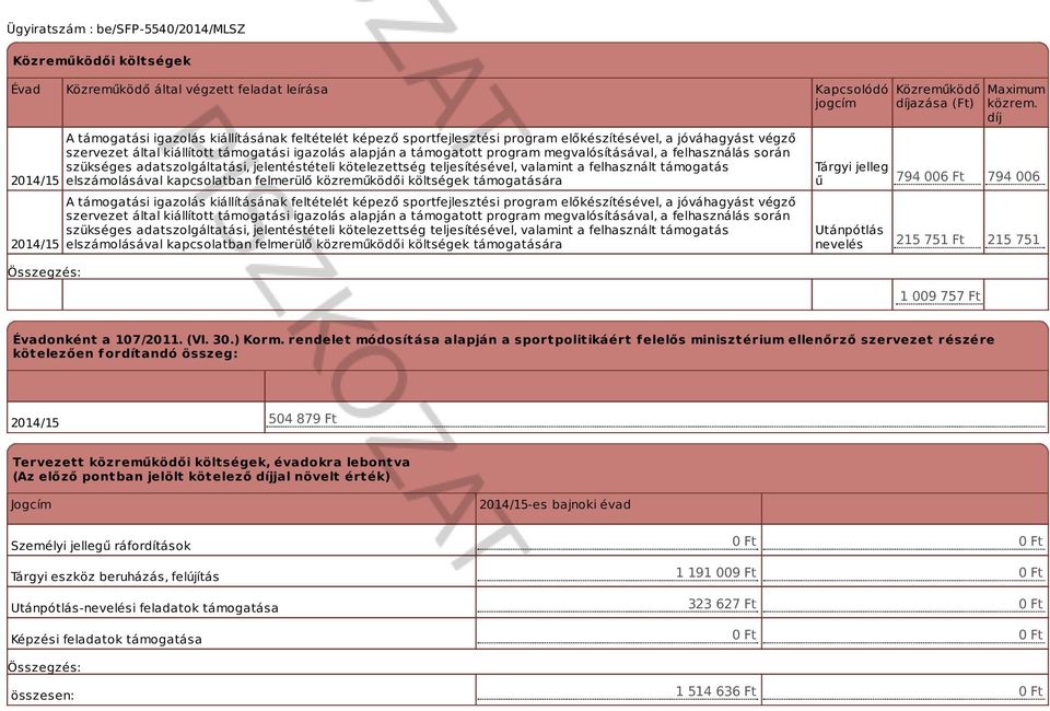 valamint a felhasznált támogatás elszámolásával kapcsolatban felmerülő közreműködői költségek támogatására A támogatási igazolás kiállításának feltételét képező sportfejlesztési program