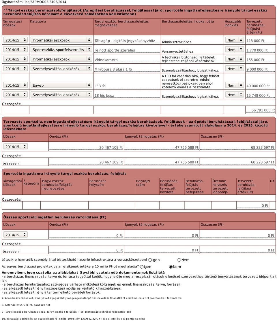 ) Támogatási időszak Kategória Tárgyi eszköz beruházás/felújítás megnevezése Beruházás/felújítás indoka, célja Hosszabb indoklás Tervezett beruházási, felújítási érték (Ft) 2014/15 Informatikai