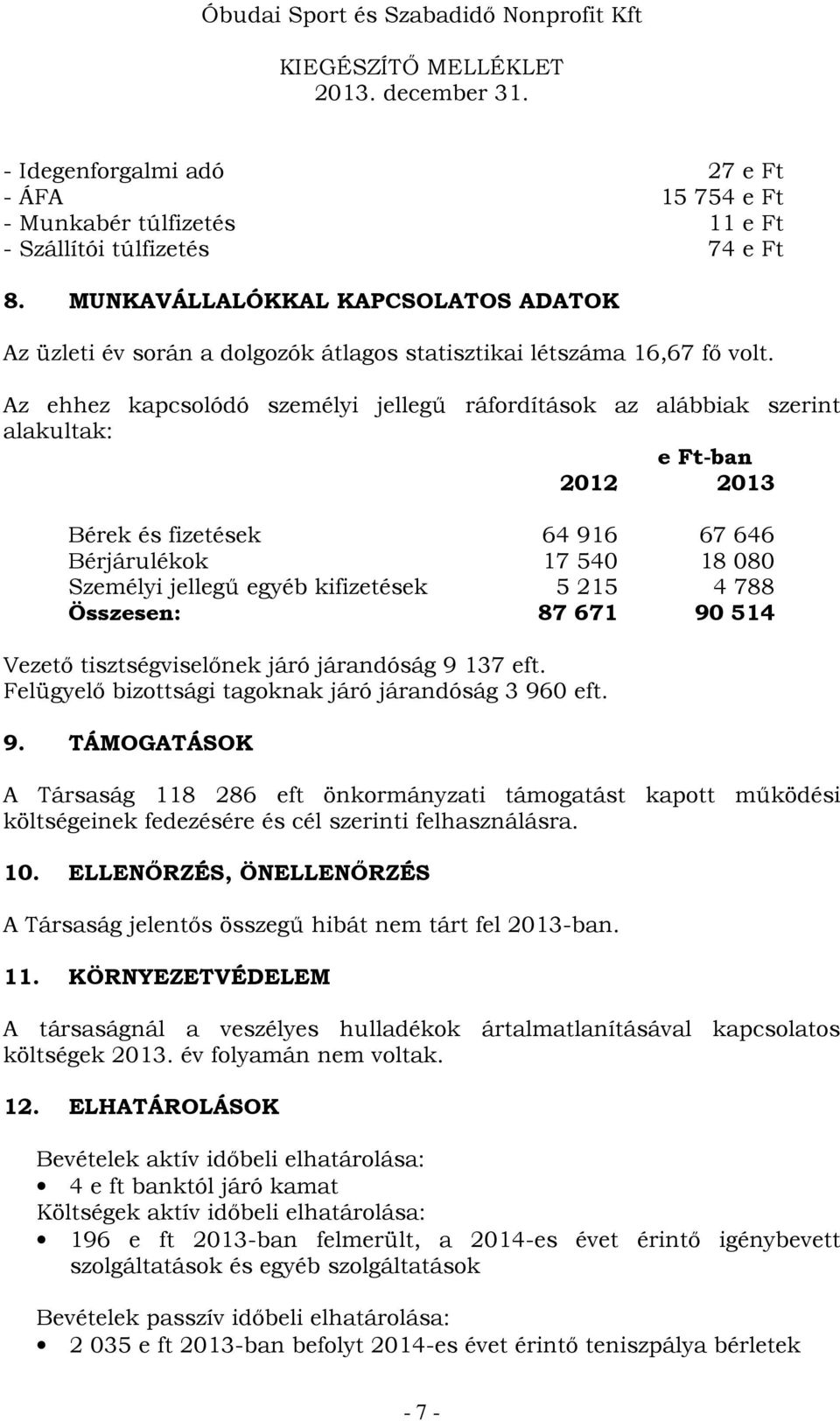 Az ehhez kapcsolódó személyi jellegű ráfordítások az alábbiak szerint alakultak: e Ft-ban 2012 2013 Bérek és fizetések 64 916 67 646 Bérjárulékok 17 540 18 080 Személyi jellegű egyéb kifizetések 5