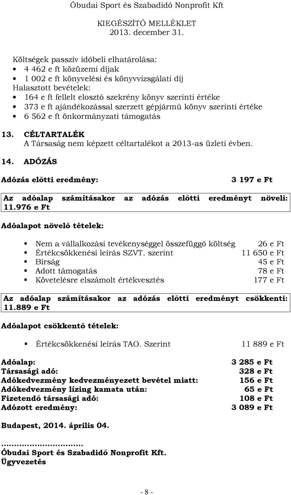 ADÓZÁS Adózás előtti eredmény: 3 197 e Ft Az adóalap számításakor az adózás előtti eredményt növeli: 11.