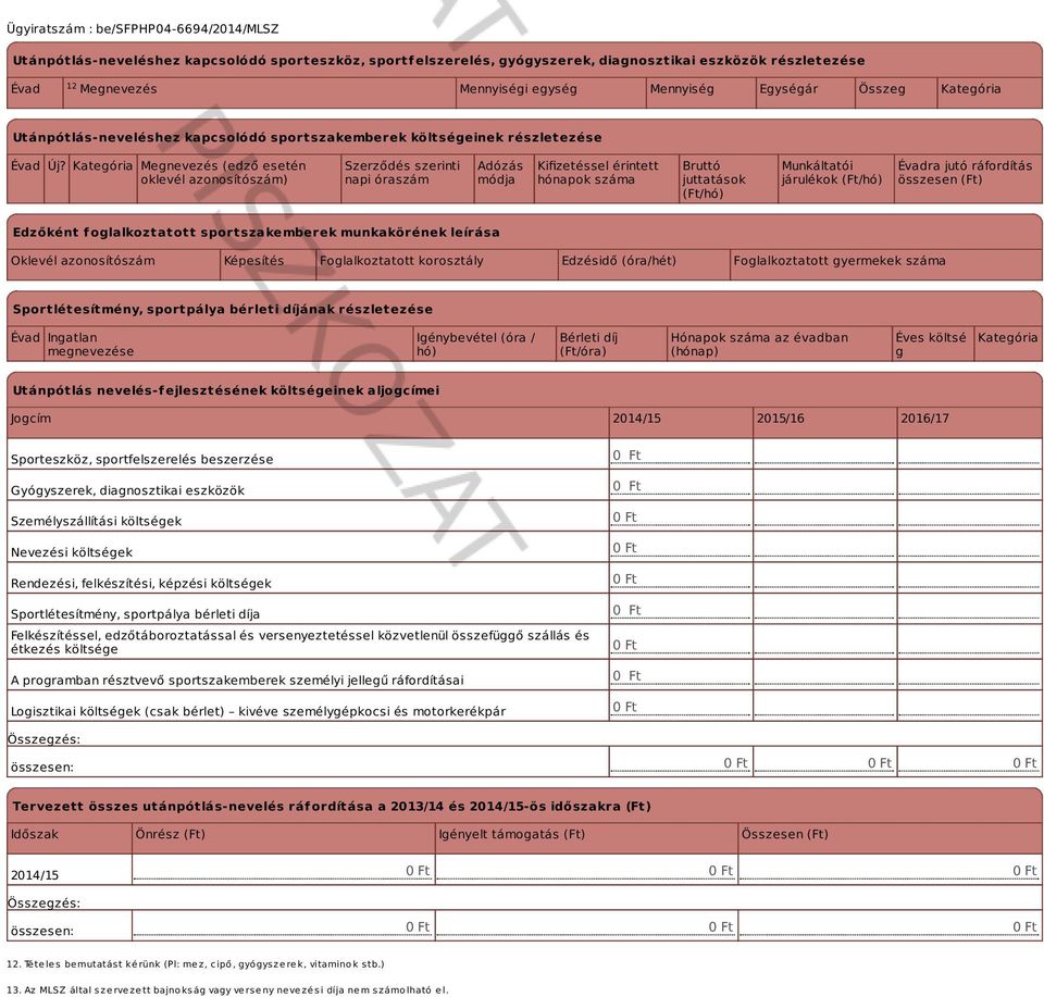 Kategória Megnevezés (edző esetén oklevél azonosítószám) Szerződés szerinti napi óraszám Adózás módja Kifizetéssel érintett hónapok száma Bruttó juttatások (Ft/hó) Munkáltatói járulékok (Ft/hó)